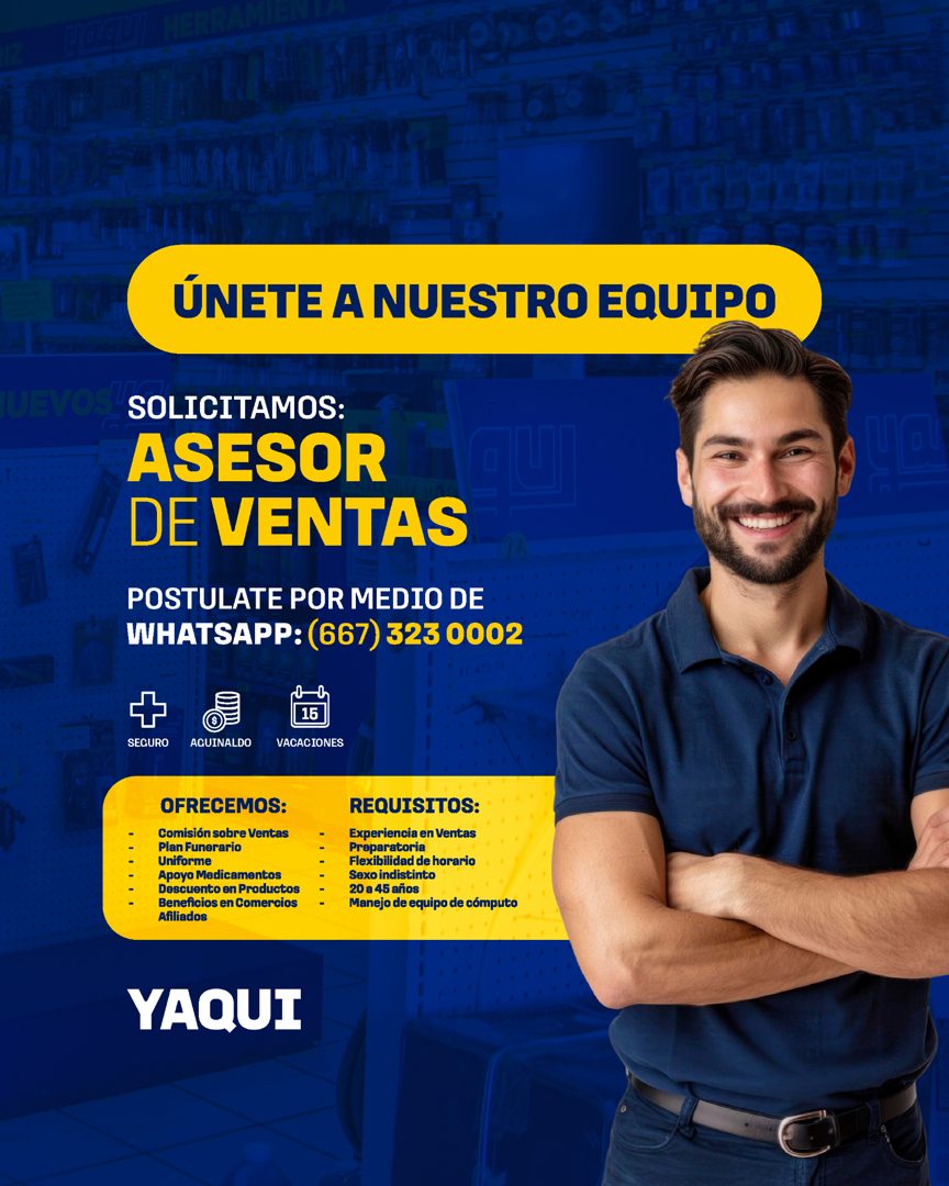 Banner del anuncio de la vacante: HERR · ÚNETE A NUESTRO EQUIPO · JUEVOS · SOLICITAMOS: · ASESOR · DE VENTAS · POSTULATE POR MEDIO DE · WHATSAPP: (667) 323 0002 · 1 473 · SEG