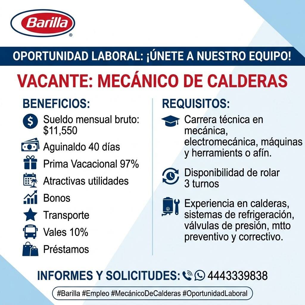 Banner del anuncio de la vacante: Barilla · OPORTUNIDAD LABORAL: ¡ÚNETE A NUESTRO EQUIPO! · VACANTE: MECÁNICO DE CALDERAS · BENEFICIOS: · REQUISITOS: · $ · Sueldo mensual bru