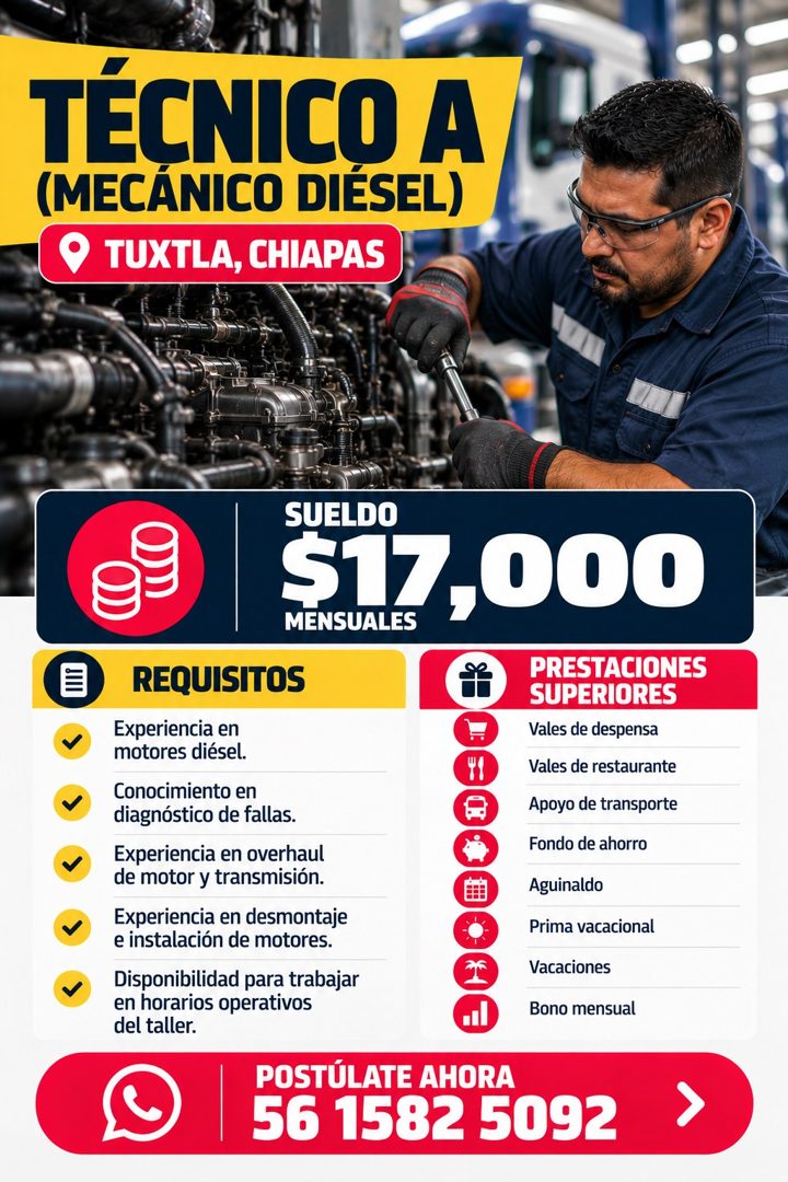 Banner del anuncio de la vacante: TÉCNICO A · (MECÁNICO DIÉSEL) · TUXTLA, CHIAPAS · V · SUELDO · $17,000 · MENSUALES · REQUISITOS · PRESTACIONES · SUPERIORES · Experiencia en