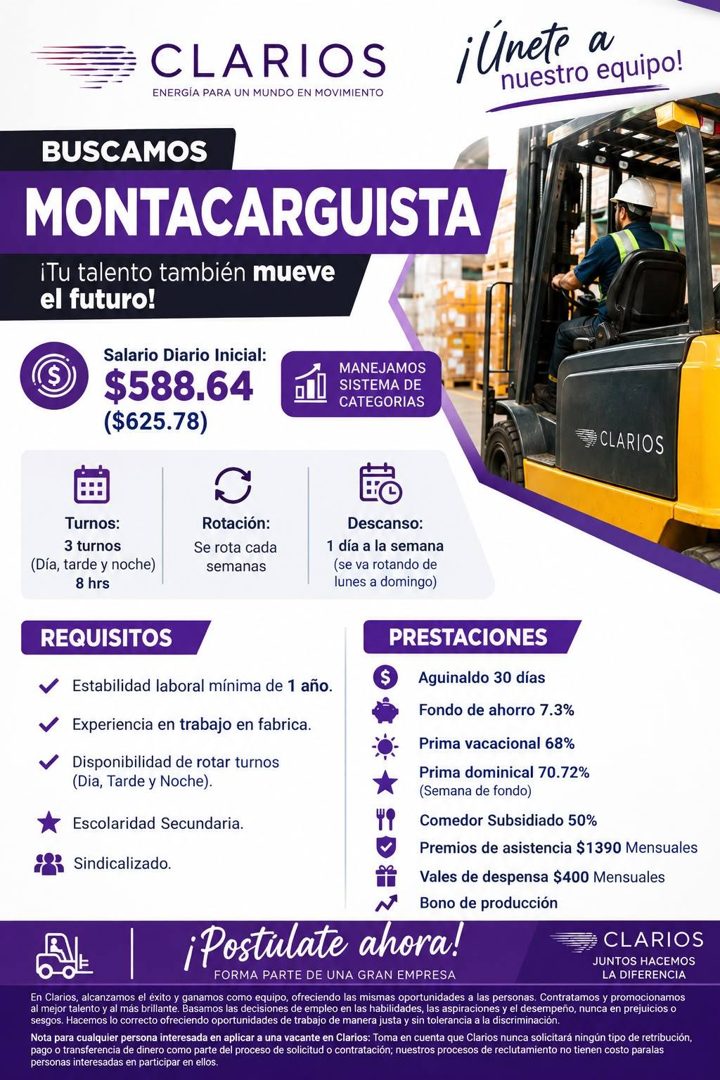Banner del anuncio de la vacante: CLARIOS · ENERGIA PARA UN MUNDO EN MOVIMIENTO · ¡lnete a · nuestro equipo! · BUSCAMOS · MONTACARGUISTA · iTu talento también mueve · el futu