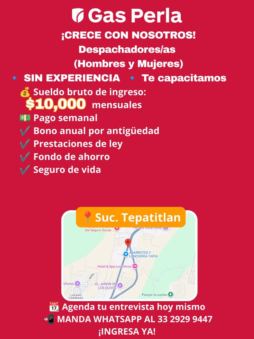 Banner del anuncio de la vacante: & Gas Perla · ¡CRECE CON NOSOTROS! · Despachadores/as · (Hombres y Mujeres) · SIN EXPERIENCIA Te capacitamos · Sueldo bruto de ingreso: · $1