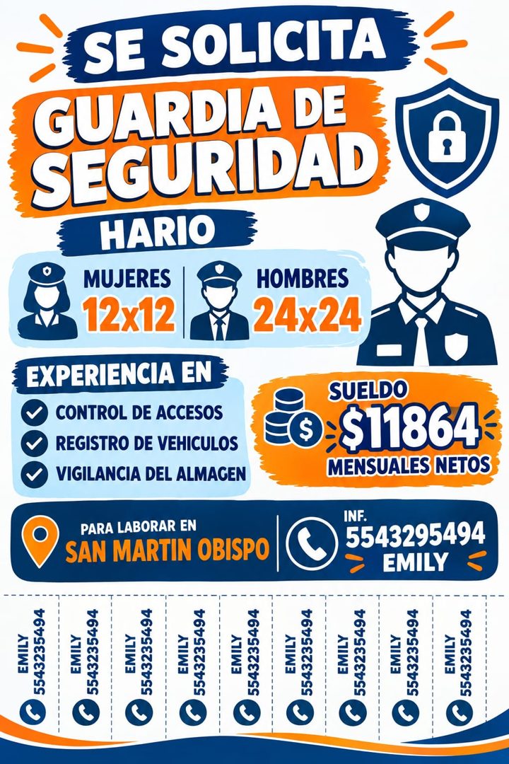 Banner del anuncio de la vacante: SE SOLICITA · GUARDIA DE · SEGURIDAD · HARIO · MUJERES · 12x12 · HOMBRES · 24x24 · EXPERIENCIA EN · CONTROL DE ACCESOS · REGISTRO DE VEHICUL