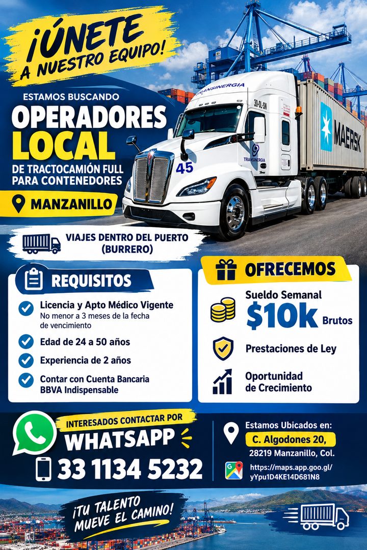 Banner del anuncio de la vacante: A NUESTRO EQUIPO! · ESTAMOS BUSCANDO · OPERADORES · LOCAL · DE TRACTOCAMIÓN FULL · PARA CONTENEDORES · MANZANILLO · AANSINERGIA · 30-0L SIN 
