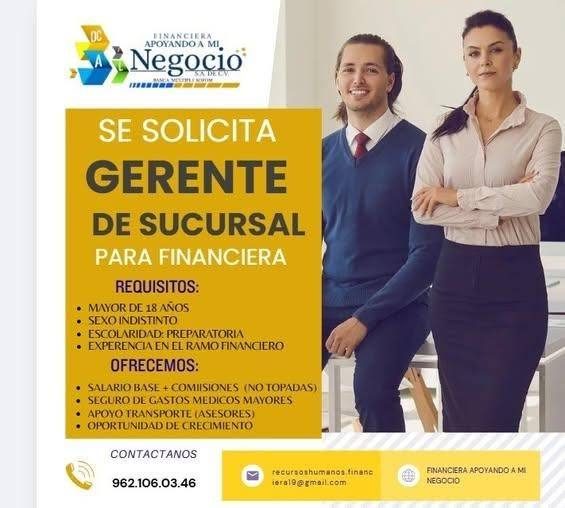 Banner del anuncio de la vacante: POYANDO A MI, · Negocio · SE SOLICITA · GERENTE · DE SUCURSAL · PARA FINANCIERA · REQUISITOS: · • MAYOR DE 18 ANOS · • SEXO INDISTINTO · • E