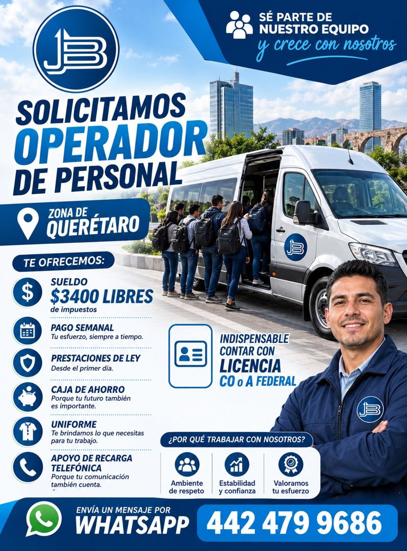 Banner del anuncio de la vacante: 13 · SÉ PARTE DE · NUESTRO EQUIPO · y crece con nosotros · SOLICITAMOS · OPERADOR · DE PERSONAL · ZONA DE · QUERÉTARO · TE OFRECEMOS: · $ · 