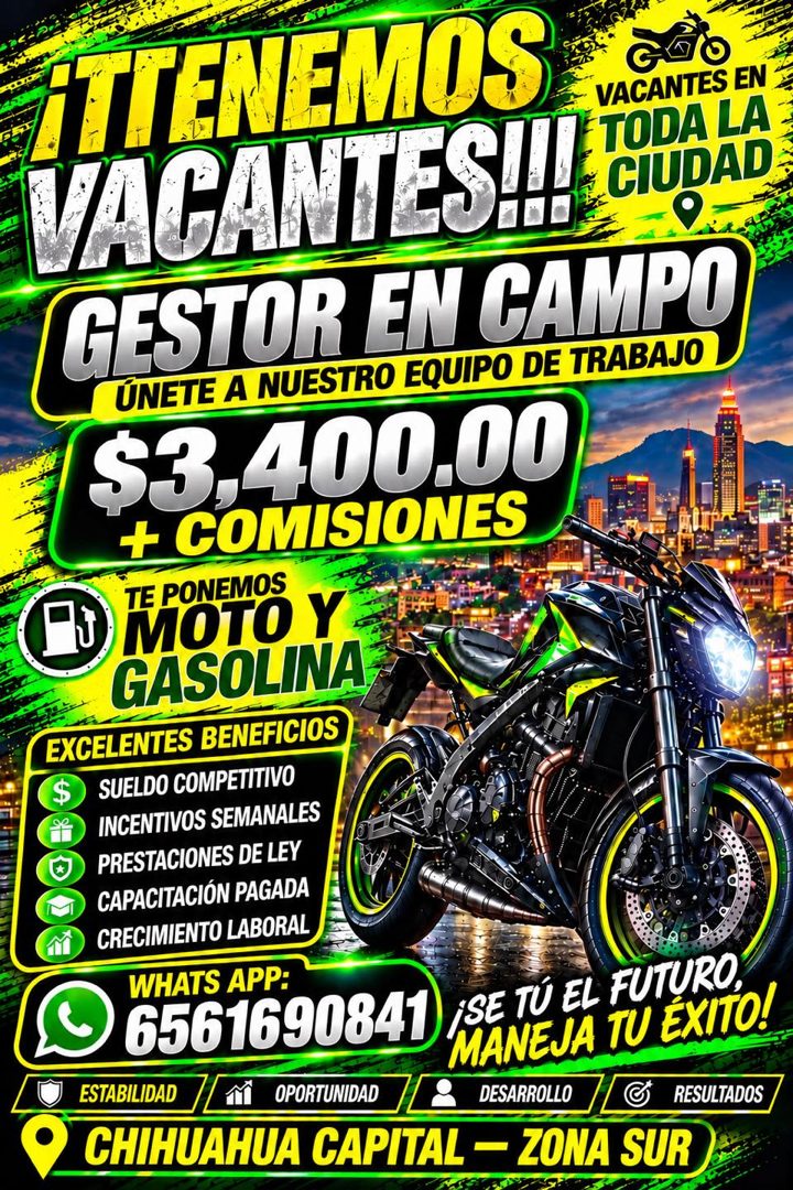 Banner del anuncio de la vacante: ATTENEMOS · VACANIESHH · VACANTES EN · TODA LA · CIUDAD · GESTOR EN CAMPO · ÚNETE A NUESTRO EQUIPO DE TRABAJO · $3.400.00 · + COMISIONES · T