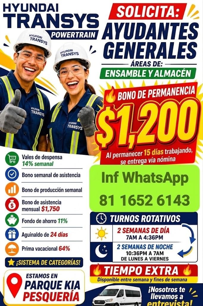 Banner del anuncio de la vacante: HYUNDAI · SOLICITA: · TRANSYS · HYURDRI · POWERTRAIN · TRANSYS · AYUDANTES · HYURDRI · TRANSYS · GENERALES · ÁREAS DE: • · ENSAMBLE Y ALMACE