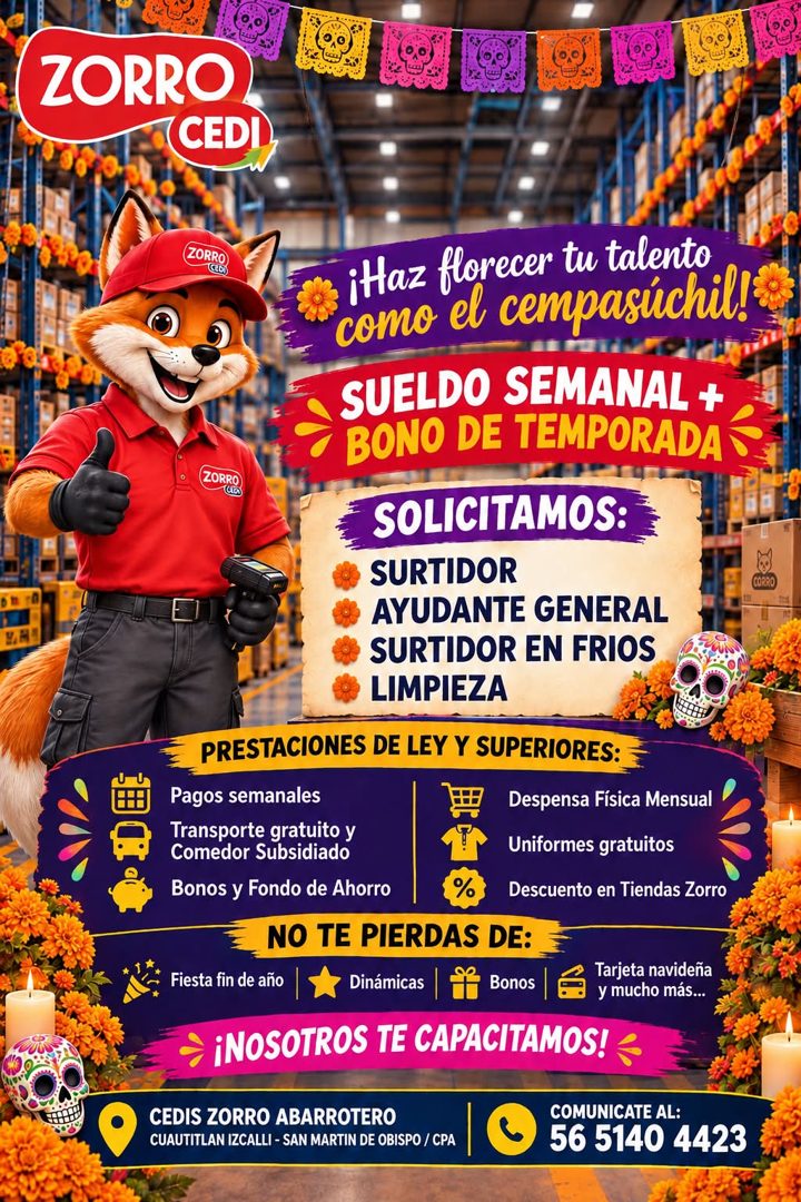 Banner del anuncio de la vacante: ZORRO · CEDI · ZORRO · (CD) · ¡Haz florecer tu talento · como el cempasüchil! · SUELDO SEMANAL + · BONO DE TEMPORADA · (ZORRO · (LoS · SOLIC