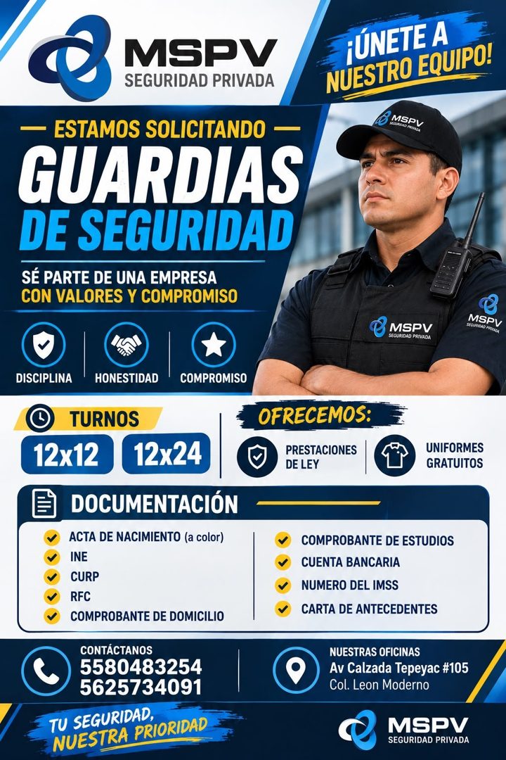 Banner del anuncio de la vacante: MSPV · SEGURIDAD PRIVADA · FÚNETE A · NUESTRO EQUIPO! · MSPV · SEGUROLO PENADA · — ESTAMOS SOLICITANDO - · GUARDIAS · DE SEGURIDAD · SÉ PART