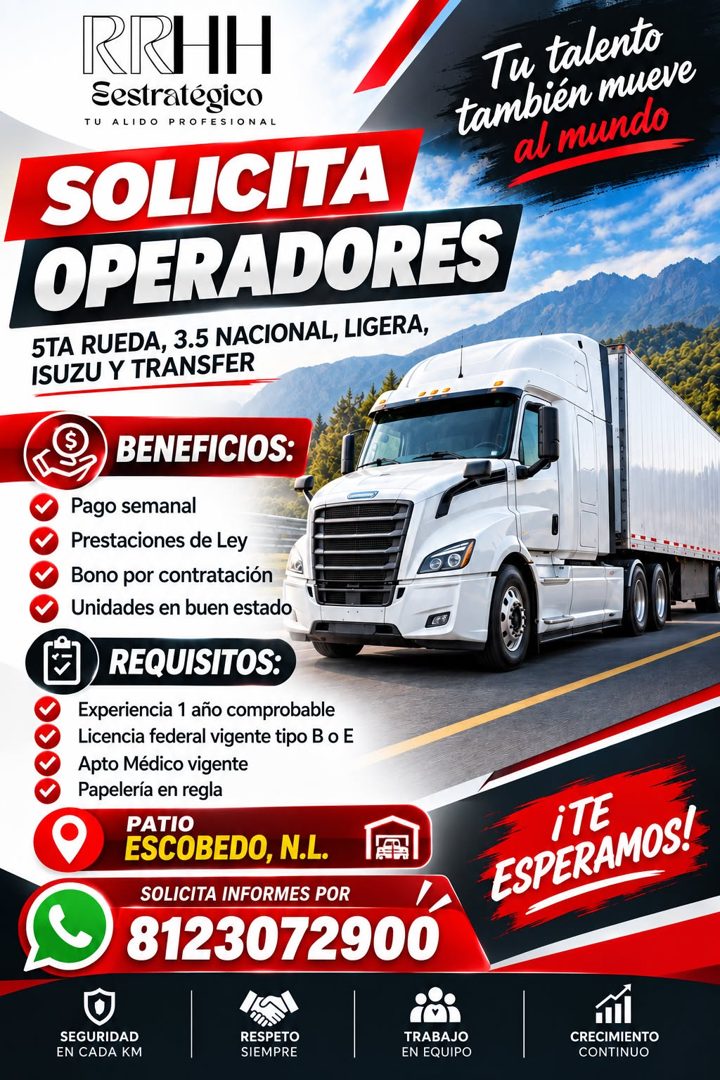 Banner del anuncio de la vacante: KRHH · estratégico · TU ALIDO PROFESIONAL · SOLICITA · OPERADORES · 5TA RUEDA, 3.5 NACIONAL, LIGERA, · ISUZU Y TRANSFER · Tu talento · tambi