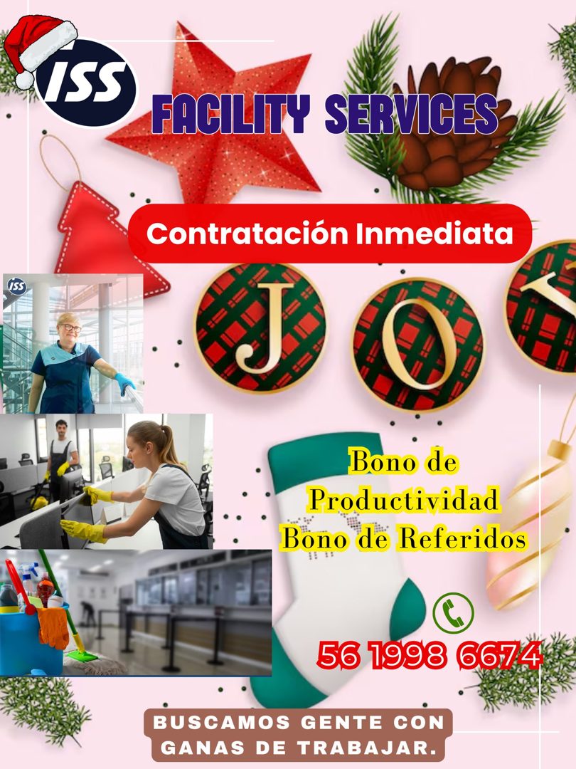 Banner del anuncio de la vacante: ISS · FACILITY SERVICES · Contratación Inmediata · Bono de · Productividad · Bono de Referidos · 56 1998 6674 · BUSCAMOS GENTE CON · GANAS D