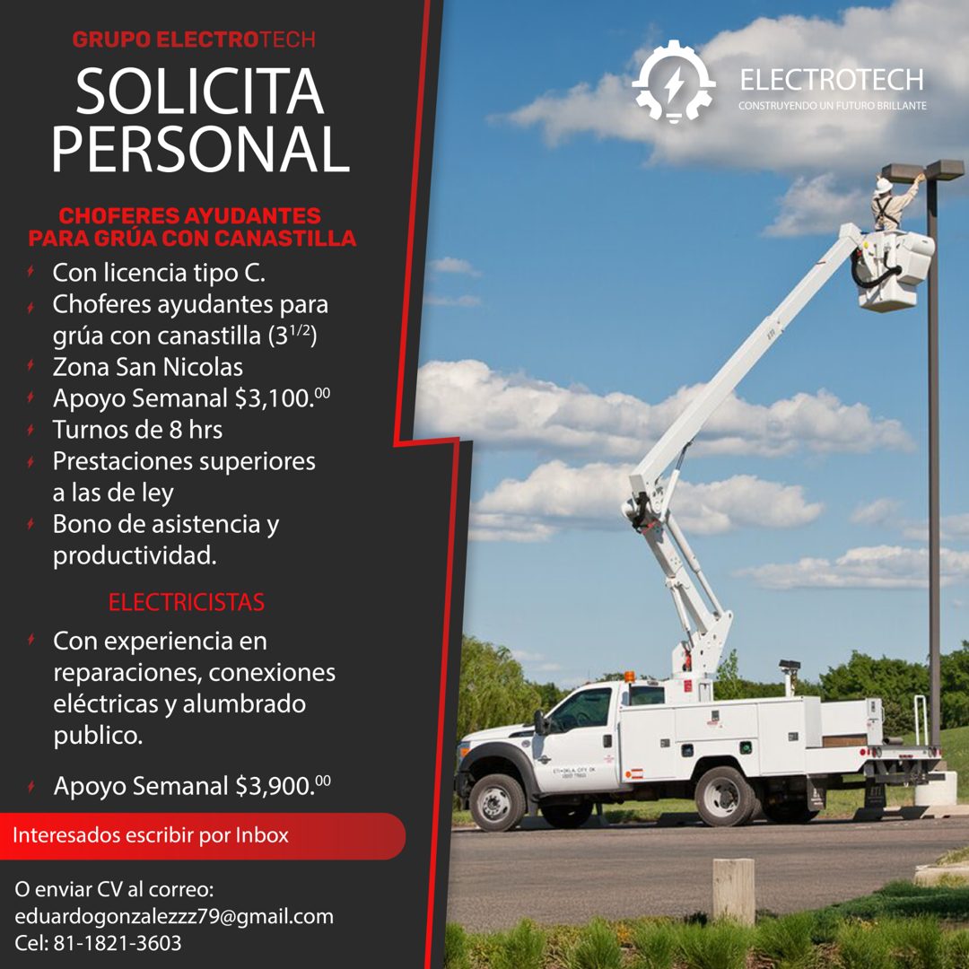 Banner del anuncio de la vacante: GRUPO ELECTROTECH · SOLICITA · PERSONAL · CHOFERES AYUDANTES · PARA GRÚA CON CANASTILLA · 4 Con licencia tipo C. · + Choferes ayudantes para
