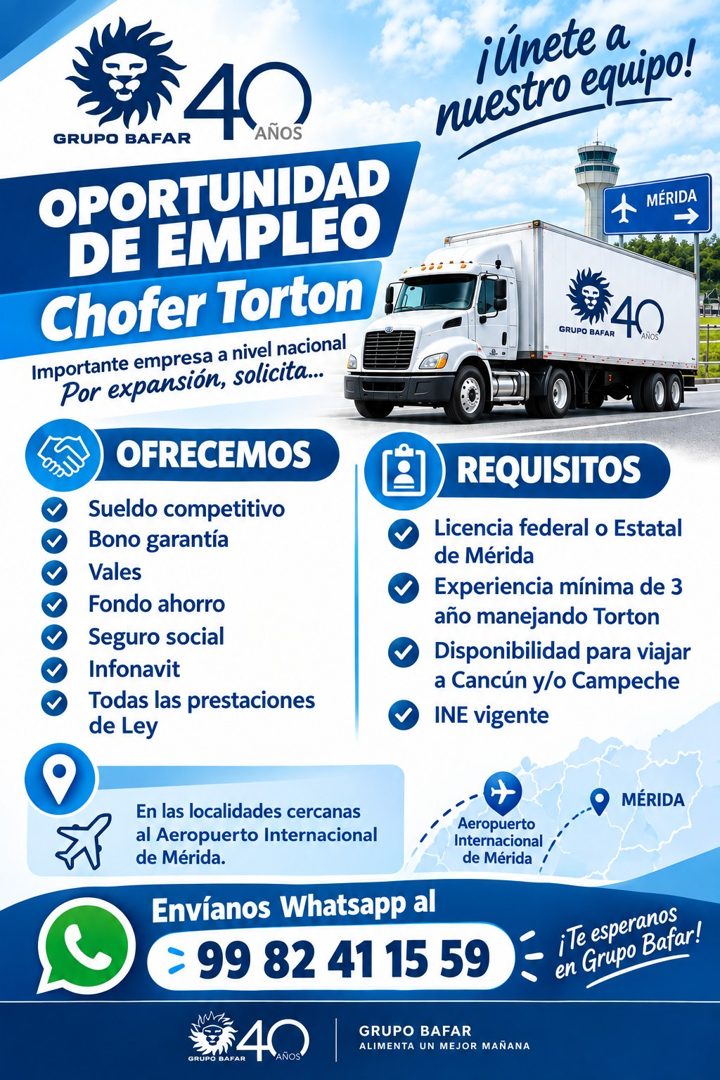 Banner del anuncio de la vacante: GRUPO BAFAR · 400 · OPORTUNIDAD · DE EMPLEO · Chofer Torton · Importante empresa a nivel nacional · Por expansión, solicita... · OFRECEMOS ·