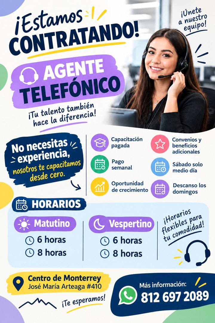 Banner del anuncio de la vacante: ¡Estamos · CONTRATANDO! · › AGENTE · TELEFÓNICO · iTu talento también · hace la diferencia! · No necesitas · 11 · - experiencia, · nosotros 