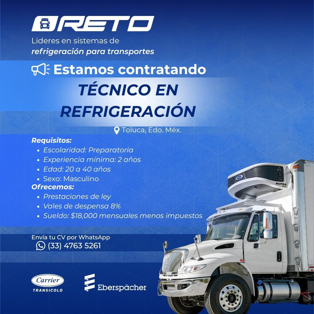 Banner del anuncio de la vacante: BRETO · Lideres en sistemas de · refrigeración para transportes · @ Estamos contratando · TÉCNICO EN · REFRIGERACIÓN · • Toluca, Edo. Méx. ·