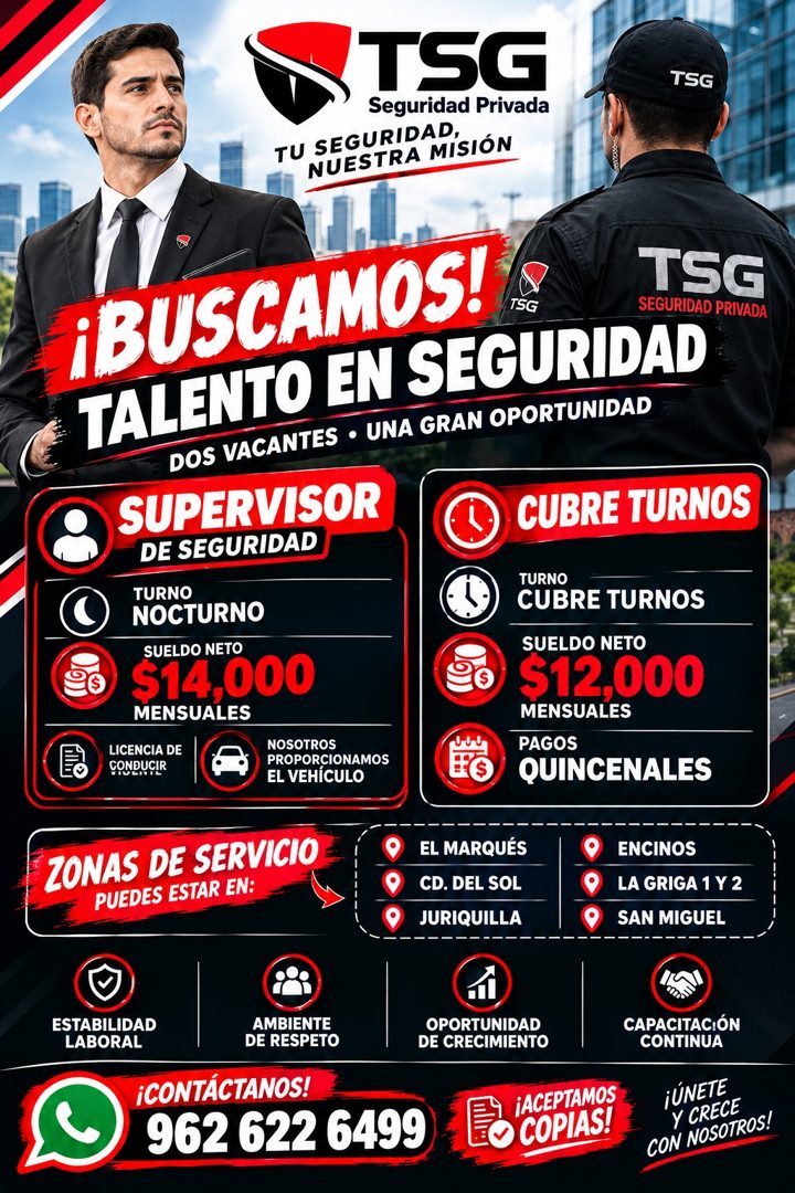 Banner del anuncio de la vacante: TSG · Seguridad Privada · TU SEGURIDAD, · NUESTRA MISIÓN · TSG · ¡BUSCAMOS! · TSC · TALENTO EN SEGURIDAD · SEGURIDAD PRIVADA · DOS VACANTES 