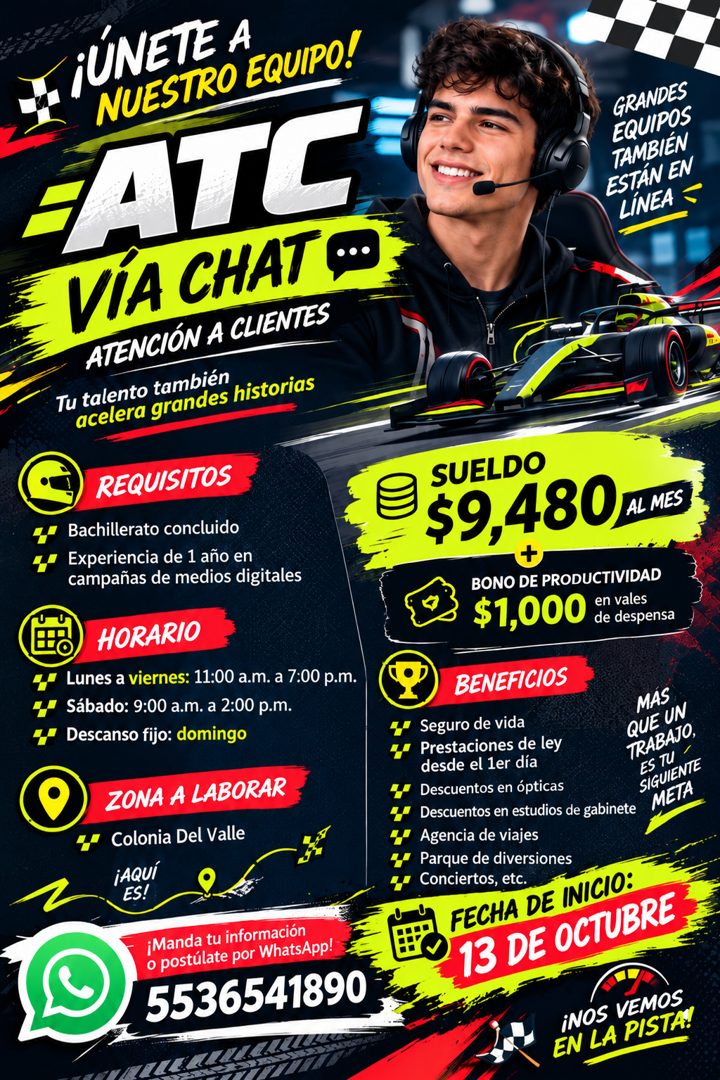 Banner del anuncio de la vacante: ¡UNETE A · NUESTRO EQUIPO! · SATG · VÍA CHAT C · ATENCIÓN A CLIENTES · Tu talento también · acelera grandes historias · REQUISITOS · Bachill