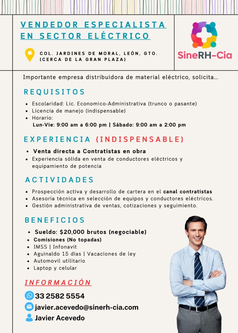 Banner del anuncio de la vacante: VENDEDOR ESPECIALISTA · EN SECTOR ELÉCTRICO · COL. JARDINES DE MORAL, LEÓN, GTO. · (CERCA DE LA GRAN PLAZA) · SineRH-Cia · Importante empres