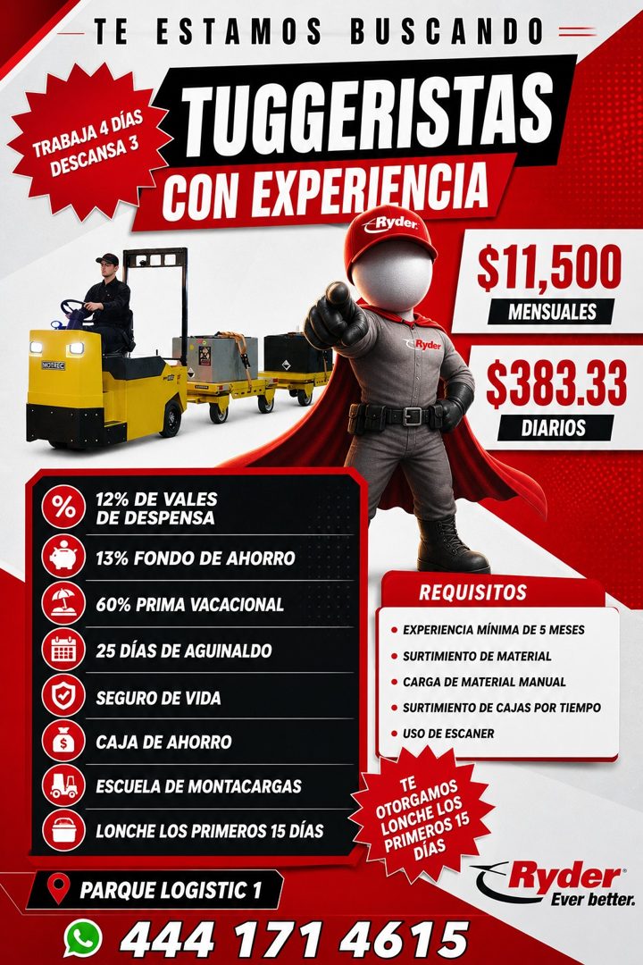 Banner del anuncio de la vacante: TRABAJA 4 DÍAS · DESCANSA 3 · TE ESTAMOS BUSCANDO · TUGGERISTAS · CON EXPERIENCIA · Ryder. · Ryder · $11,500 · MENSUALES · $383.33 · DIARIOS