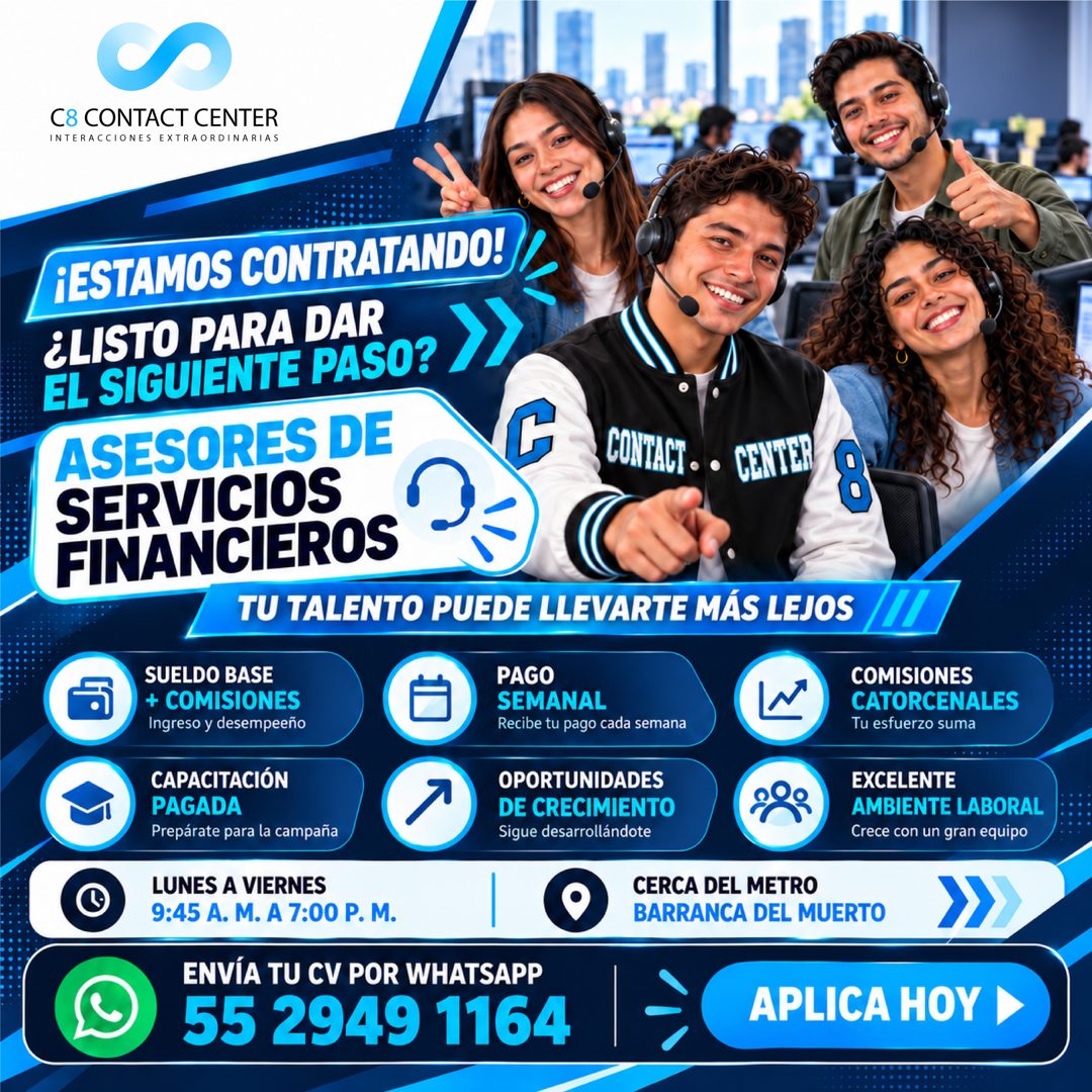Banner del anuncio de la vacante: C8 CONTACT CENTER · INTERACCIONES EXTRAORDINARIAS · ¡ESTAMOS CONTRATANDO! · ¿LISTO PARA DAR · EL SIGUIENTE PASO? · ASESORES DE · C · CONTACT