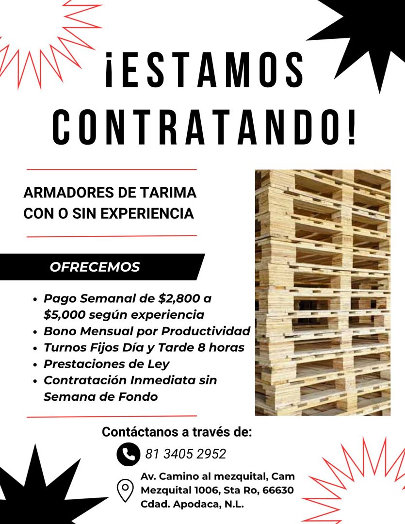 Banner del anuncio de la vacante: ¡ESTAMOS · CONTRATANDO! · ARMADORES DE TARIMA · CON O SIN EXPERIENCIA · OFRECEMOS · • Pago Semanal de $2,800 a · $5,000 según experiencia · 