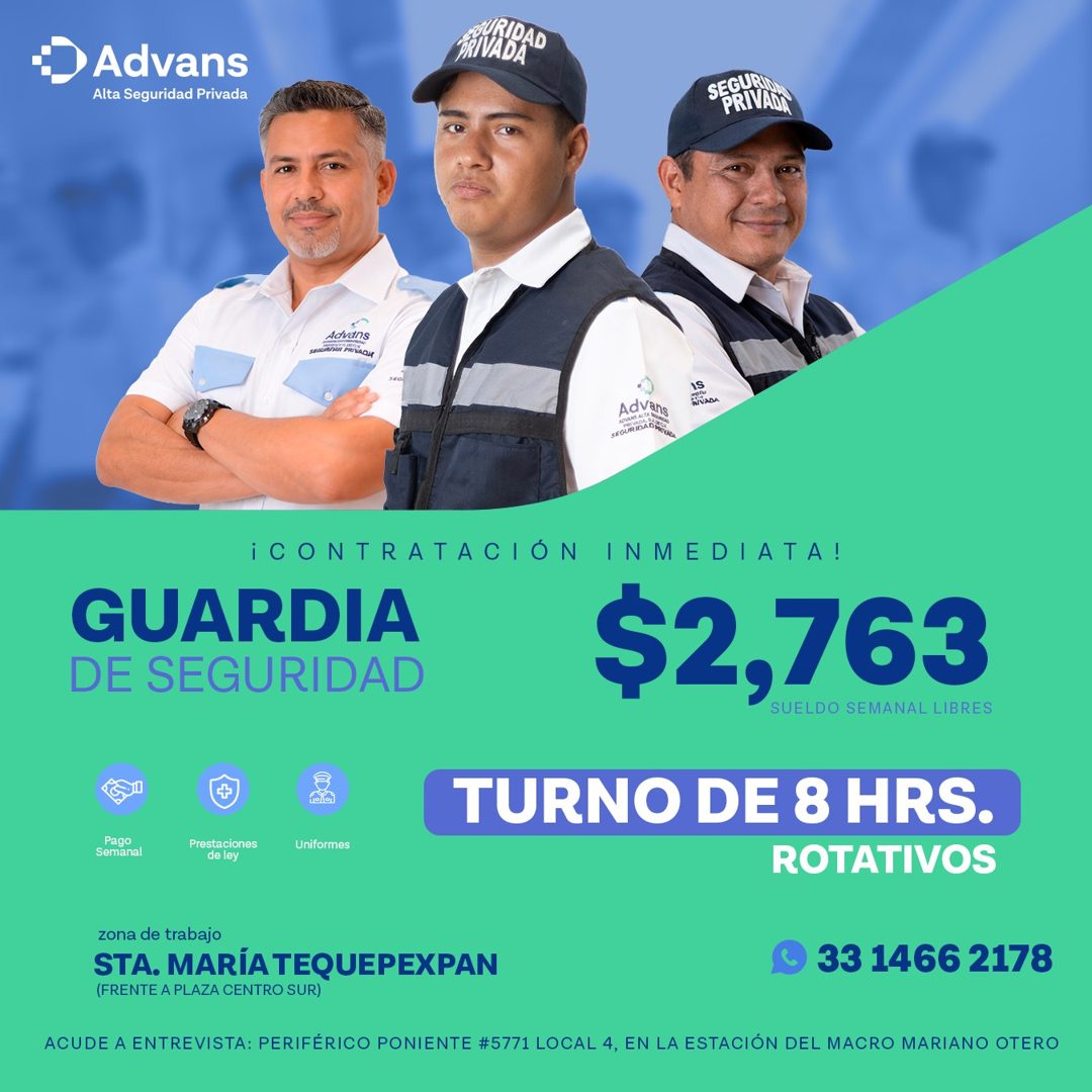 Banner del anuncio de la vacante: → Advans · Alta Seguridad Privada · PRIVA DA · SEGURI · PRIVAD · Advans · IS · RIVADA · AdVans · ¡CONTRATACIÓN · GUARDIA · DE SEGURIDAD · Pa