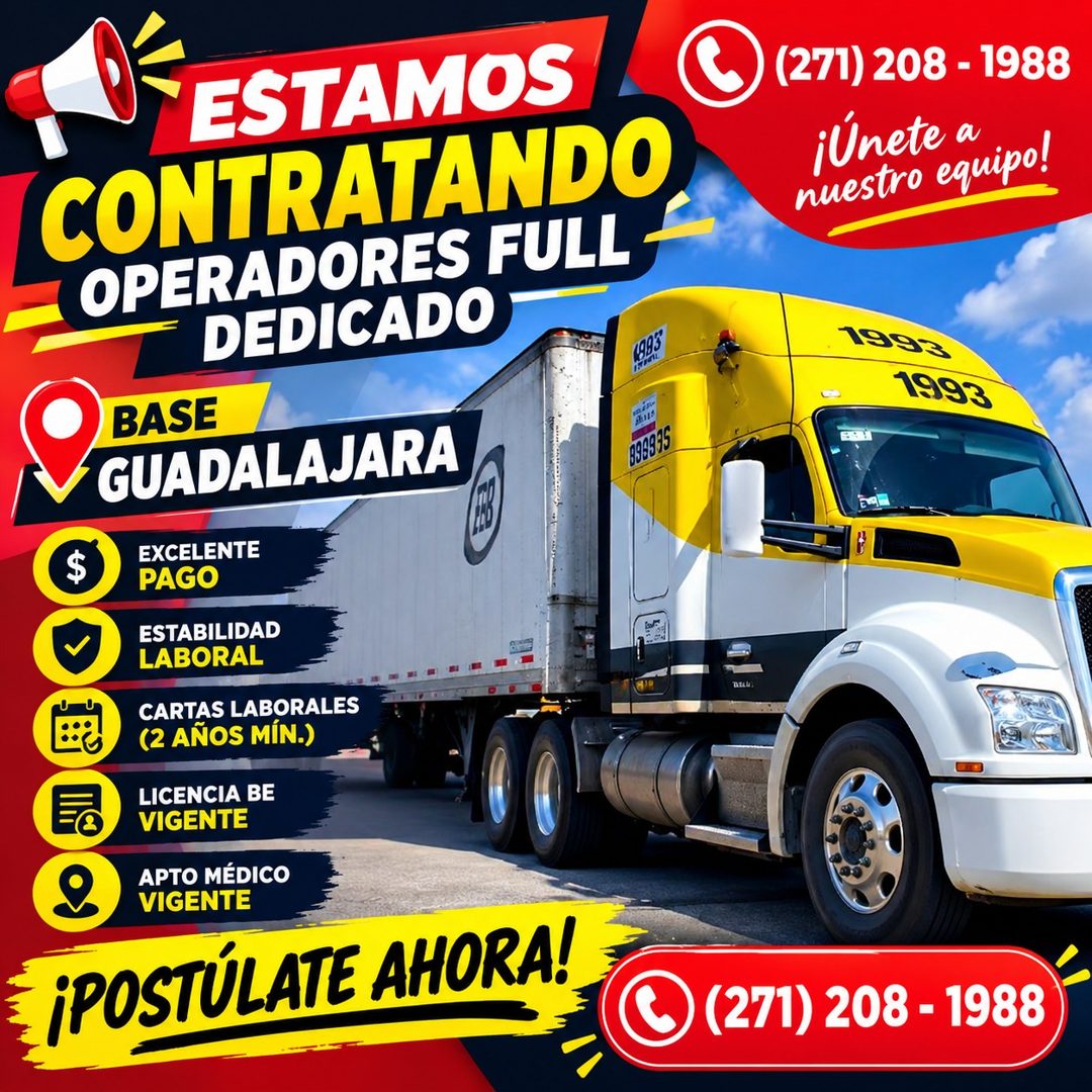 Banner del anuncio de la vacante: ESTAMOS · CONTRATANDO · OPERADORES FULL · DEDICADO · 1493 · BASE · GUADALAJARA · 1968965 · EXCELENTE · PAGO · ESTABILIDAD · LABORAL · CARTAS