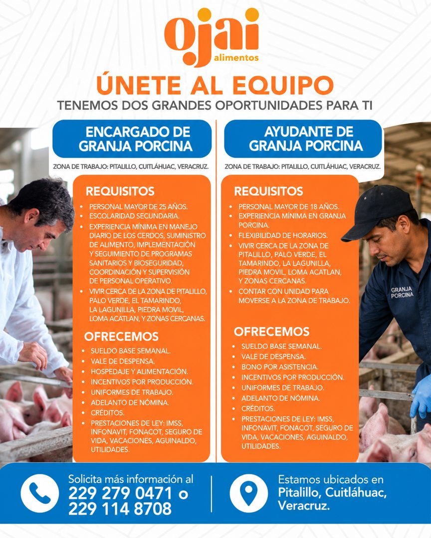 Banner del anuncio de la vacante: ojai · ÚNETE AL EQUIPO · TENEMOS DOS GRANDES OPORTUNIDADES PARA TI · ENCARGADO DE · GRANJA PORCINA · ZONA DE TRABAJO: PITALILLO, CUITLAHUAC,