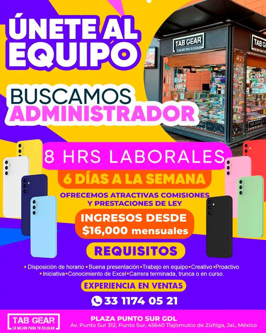 Banner del anuncio de la vacante: ÚNETE AL · EQUIPO · TAB GEAR · 18 MEJIR · BUSCAMOS · ADMINISTRADOR · TABC · (TAB GEN · 8 · HRS LABORALES: · 6 DÍAS A LA SEMANA · OFRECEMOS A