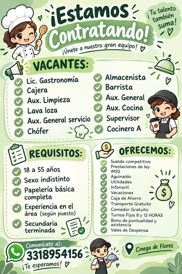 Banner del anuncio de la vacante: ¿Estamos: · ¡ Tu talento · también · Contratando! · suma! · V · ¡únete a nuestro gran equipo! D · VACANTES: · Lic. Gastronomía · Cajera · Au