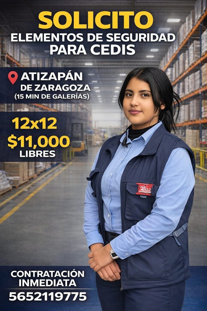 Banner del anuncio de la vacante: SOLICITO · ELEMENTOS DE SEGURIDAD · PARA CEDIS · ATIZAPÁN · DE ZARAGOZA · (15 MIN DE GALERÍAS) · 12x12 · $11,000 · LIBRES · Dis · CONTRATACI