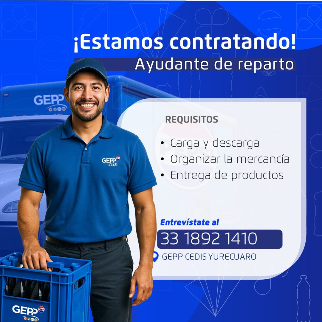 Banner del anuncio de la vacante: ¡Estamos contratando! · Ayudante de reparto · GER? · G0C0 · 1808884 · REQUISITOS · • Carga y descarga · • Organizar la mercancía · • Entrega