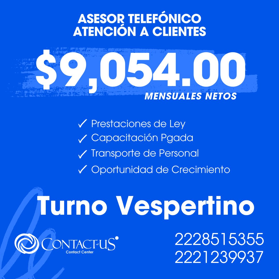 Banner del anuncio de la vacante: ASESOR TELEFÓNICO · ATENCIÓN A CLIENTES · $9,054.00 · MENSUALES NETOS · / Prestaciones de Ley · / Capacitación Pgada · / Transporte de Perso