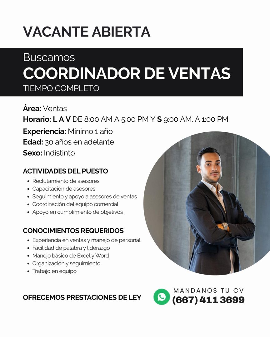 Banner del anuncio de la vacante: VACANTE ABIERTA · Buscamos · COORDINADOR DE VENTAS · TIEMPO COMPLETO · Área: Ventas · Horario: L A V DE 8:00 AM A 5:00 PM Y S 9:00 AM. A 1:0