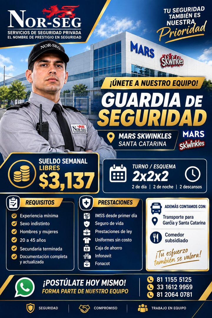 Banner del anuncio de la vacante: NOR-SEG · SERVICIOS DE SEGURIDAD PRIVADA · EL NOMBRE DE PRESTIGIO EN SEGURIDAD · NOR-SEG · TU SEGURIDAD · TAMBIÉN ES · NUESTRA · Prioridad ·