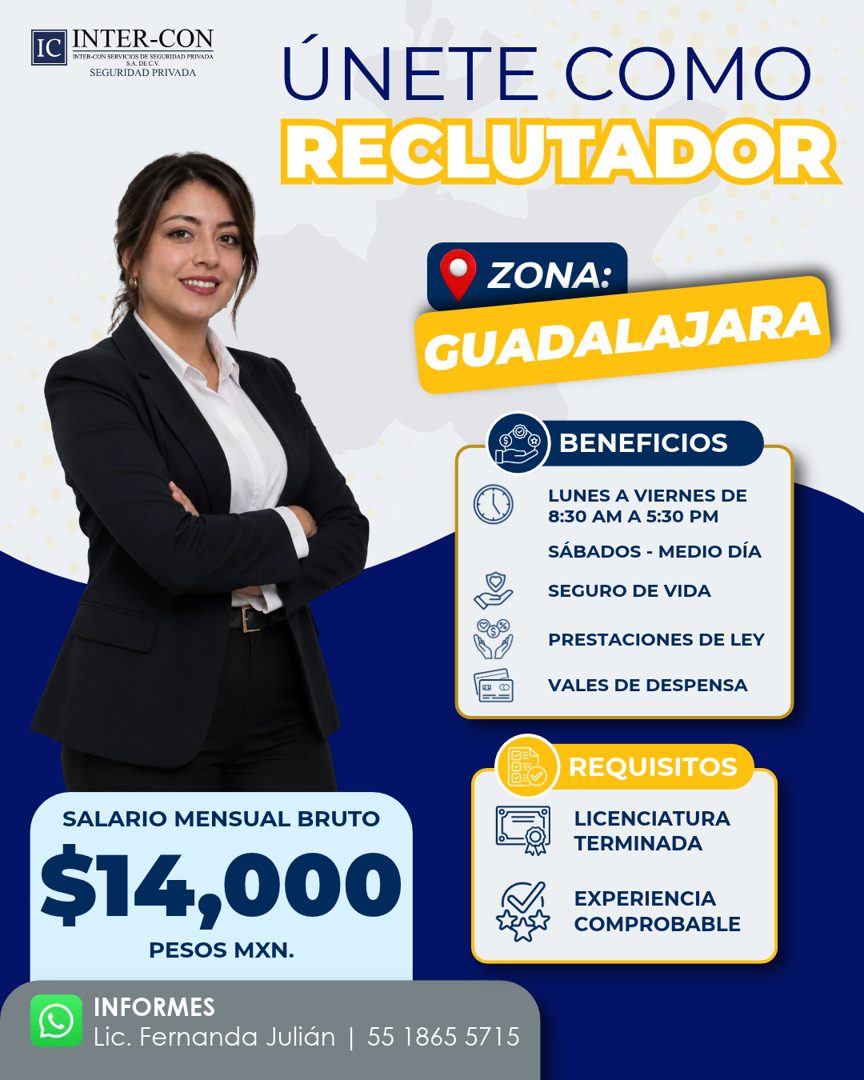 Banner del anuncio de la vacante: IC · INTER-CON · INTER-CON SERVICIOS DE SEGURIDAD PRIVADA · S.A. DE C.V. · SEGURIDAD PRIVADA · ÚNETE COMO · RECLUTADOR · ZONA: · GUADALAJARA