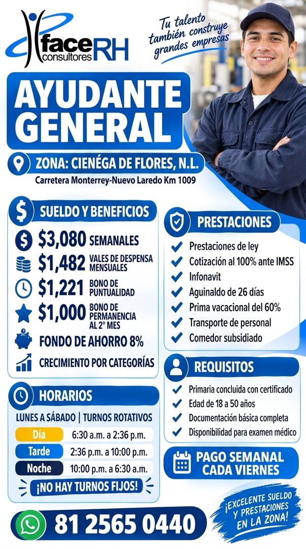Banner del anuncio de la vacante: c faceRH · consultores · Tu talento · también construye · grandes empresas · AYUDANTE · GENERAL · ZONA: CIENÉGA DE FLORES, N.L. · Carretera 