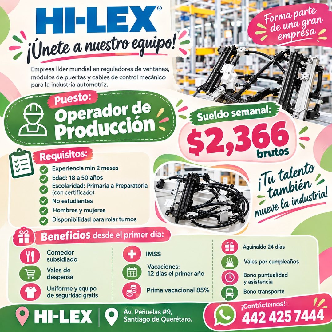 Banner del anuncio de la vacante: HI-LEX® · ¡Unete a nuestro eguipo! · Empresa líder mundial en reguladores de ventanas, · módulos de puertas y cables de control mecánico · p