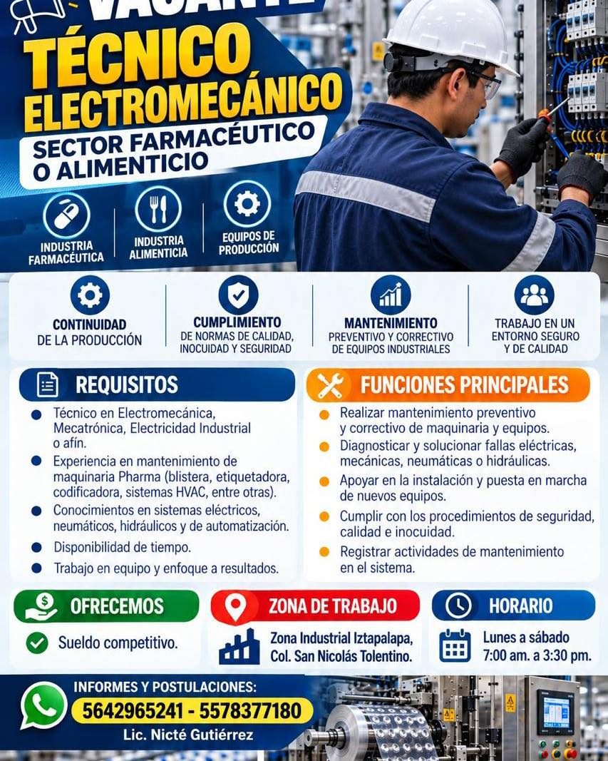 Banner del anuncio de la vacante: TÉCNICO · ELECTROMECÁNICO · SECTOR FARMACÉUTICO · O ALIMENTICIO · CCCCCC · INDUSTRIA · FARMACEUTICA · INDUSTRIA · ALIMENTICIA · EQUIPOS DE ·