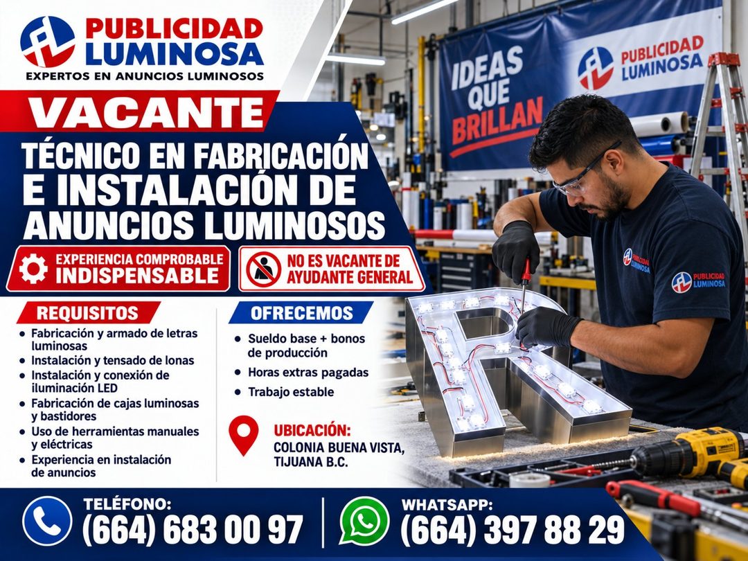 Banner del anuncio de la vacante: PUBLICIDAD · LUMINOSA · EXPERTOS EN ANUNCIOS LUMINOSOS · VACANTE · TÉCNICO EN FABRICACIÓN · E INSTALACION DE · ANUNCIOS LUMINOSOS · EXPERIEN
