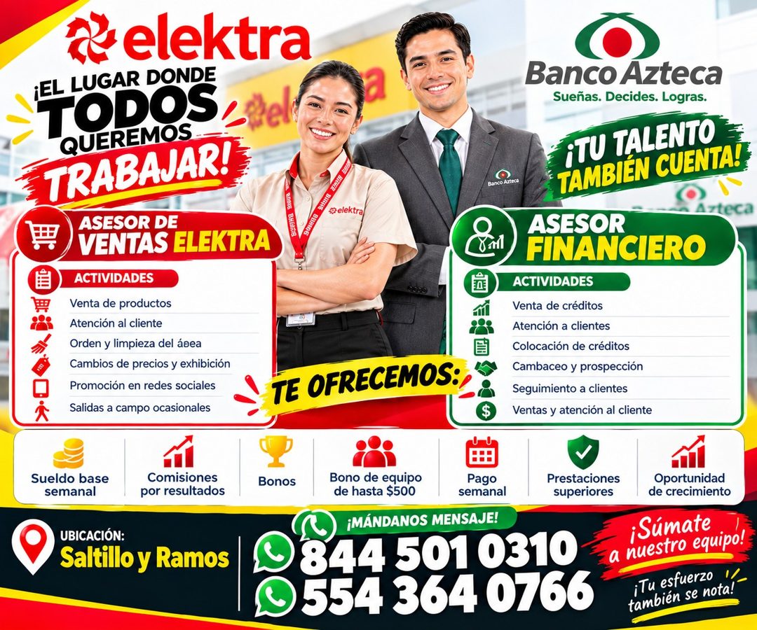 Banner del anuncio de la vacante: @elektra · ¡EL LUGAR DONDE · TODOS · QUEREMOS · TRABAJAR! · ASESOR DE · VENTAS ELEKTRA · ВлВІв · BHEIMB · 9OIHEG · ACTIVIDADES · Venta de pr