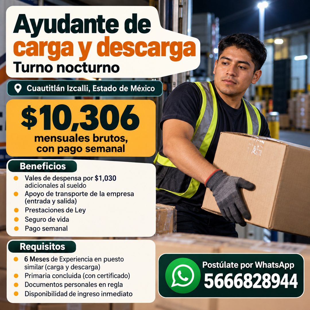 Banner del anuncio de la vacante: Ayudante de · carga y descarga · Turno nocturno · Cuautitlán Izcalli, Estado de México · $10,306 · mensuales brutos, · con pago semanal · Be