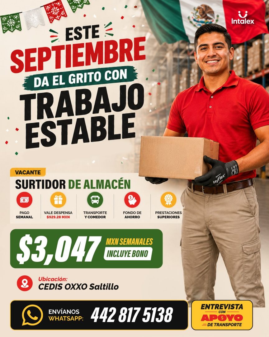 Banner del anuncio de la vacante: Intalex · ESTE · SEPTIEMBRE · E DA EL GRITO CON · TRABAJO · ESTABLE · VACANTE · SURTIDOR DE ALMACÉN · HyFlex · PAGO · SEMANAL · VALE DESPENS
