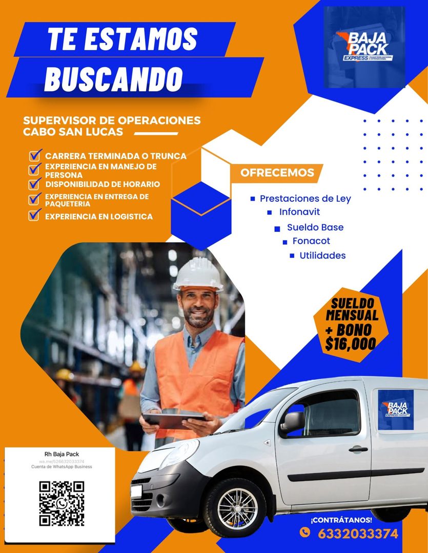 Banner del anuncio de la vacante: TE ESTAMOS · BUSCANDO · SUPERVISOR DE OPERACIONES · CABO SAN LUCAS · CARRERA TERMINADA O TRUNCA · EXPERIENCIA EN MANEJO DE · PERSONA · DISPO