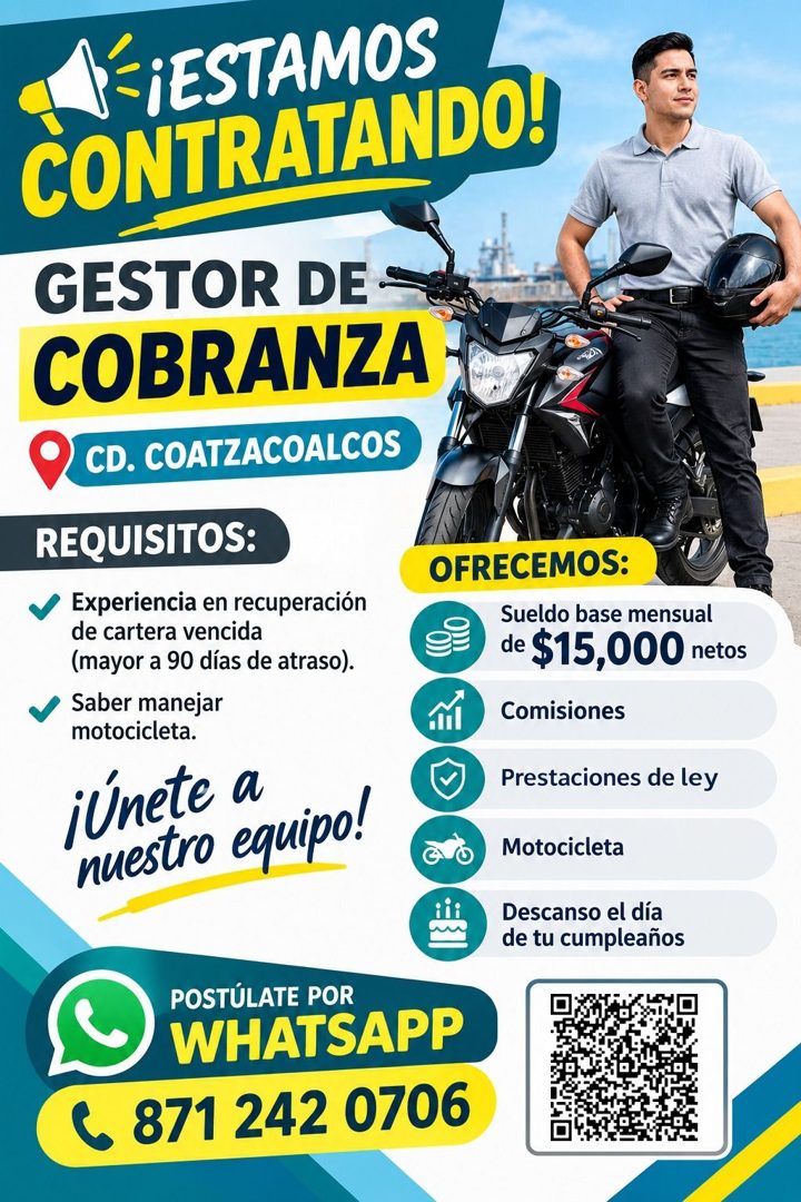 Banner del anuncio de la vacante: A-¡ESTAMOS · CONTRATANDO!/ · GESTOR DE - · COBRANZA · CD. COATZACOALCOS · REQUISITOS: · Experiencia en recuperación · de cartera vencida · (