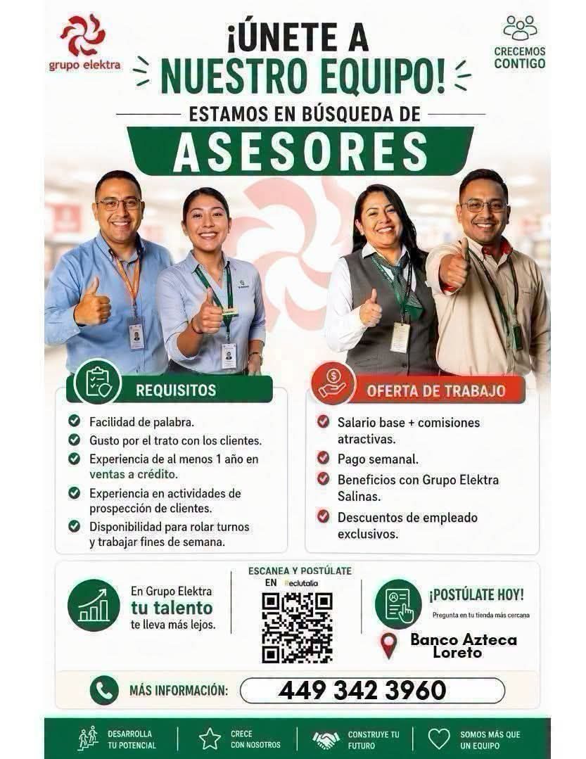 Banner del anuncio de la vacante: grupo elektra · ¡ÚNETE A · ≥ NUESTRO EQUIPO! = · ESTAMOS EN BÚSQUEDA DE · ASESORES · CRECEMOS · CONTIGO · REQUISITOS · Facilidad de palabra.
