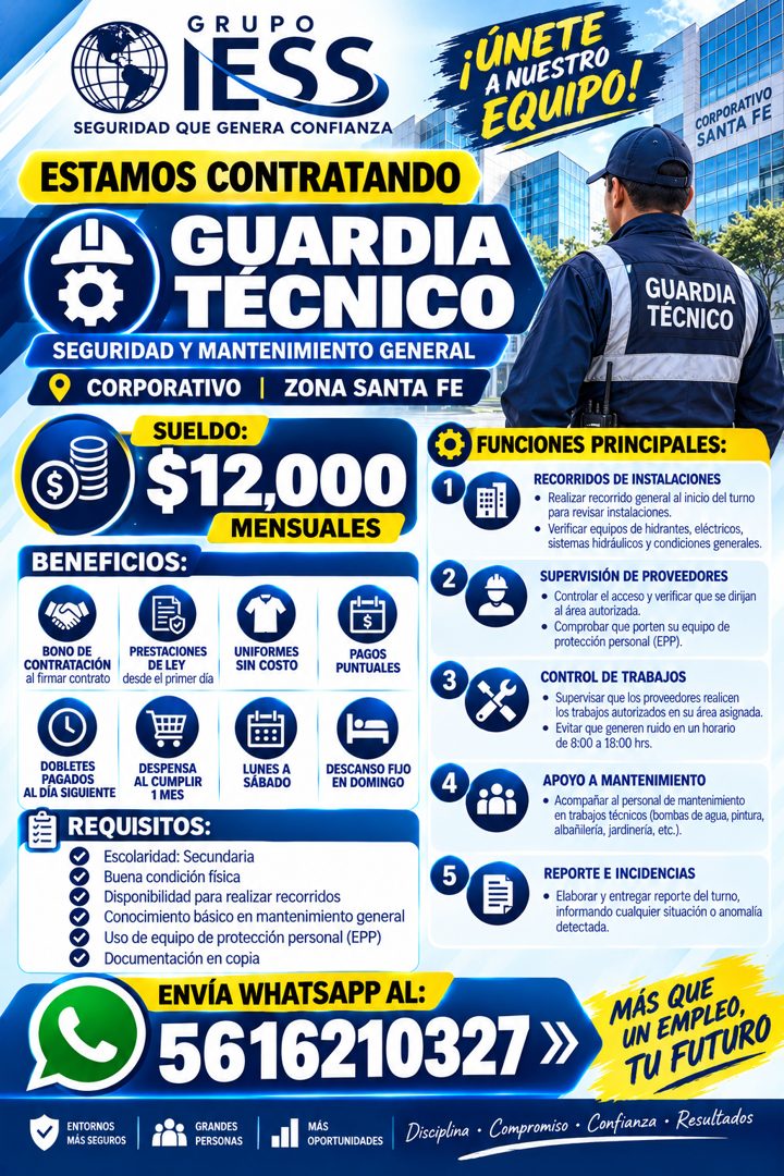 Banner del anuncio de la vacante: GRU · lESS · SEGURIDAD QUE GENERA CONFIANZA · ESTAMOS CONTRATANDO · GUARDIA · TECNICO · SEGURIDAD Y MANTENIMIENTO GENERAL · CORPORATIVO I ZO