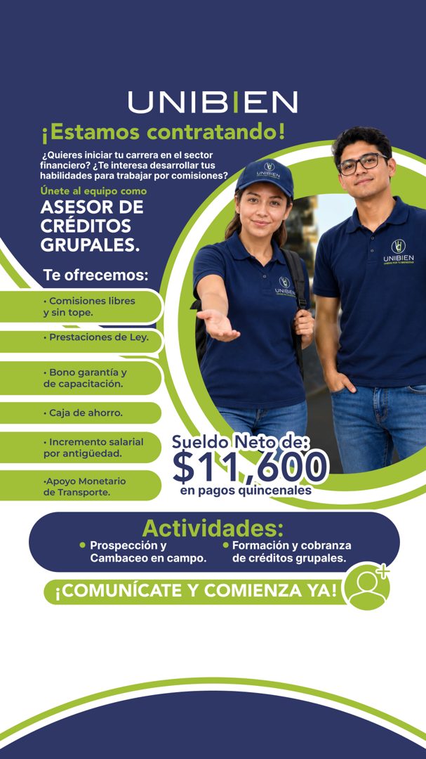 Banner del anuncio de la vacante: UNIBIEN · ¡Estamos contratando! · ¿Quieres iniciar tu carrera en el sector · financiero? ¿Te interesa desarrollar tus · habilidades para tra