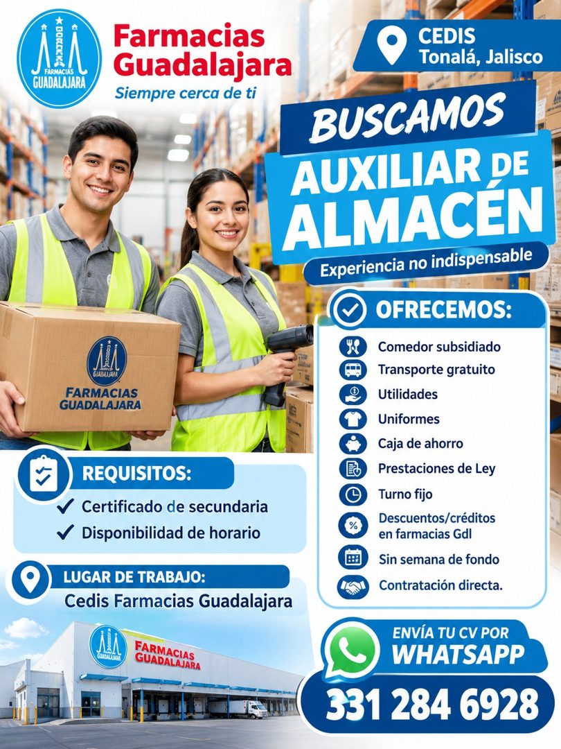 Banner del anuncio de la vacante: FARMACIAS · GUADALAJARA · Farmacias · Guadalajara · Siempre cerca de ti · EJABAUVAPA · FARMACIAS · GUADALAJARA · REQUISITOS: · Certificado d