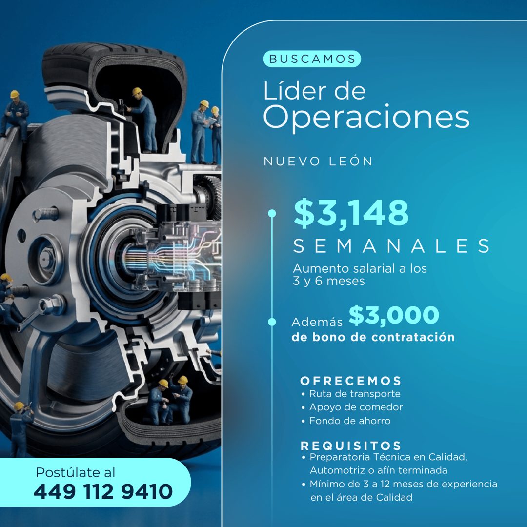 Banner del anuncio de la vacante: BUSCAMOS · Líder de · Operaciones · NUEVO LEÓN · $3,148 · SEMANALES · Aumento salarial a los · 3 y 6 meses · Además · $3,000 · de bono de co